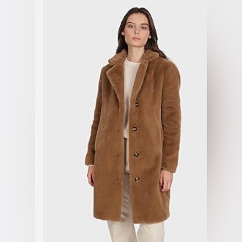 DKNY WOMEN'S ALL OVER FAUX FUR COAT, BUTTON FRONT LIGHT BROWN SIZE XS NWT